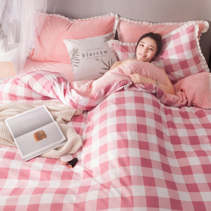 91家纺网 家纺一手货源 找家纺 涵宸家纺 新款绒-A针织磨毛B绒四件套 粉色时代