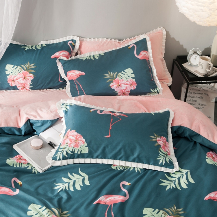 91家纺网 家纺一手货源 找家纺 涵宸家纺 新款绒-A针织磨毛B绒四件套 花鸟