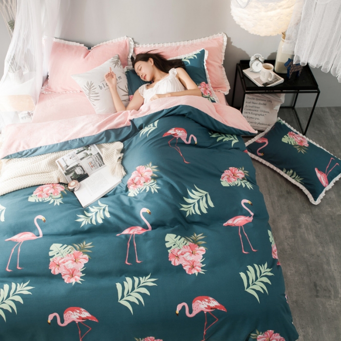 91家纺网 家纺一手货源 找家纺 涵宸家纺 新款绒-A针织磨毛B绒四件套 花鸟