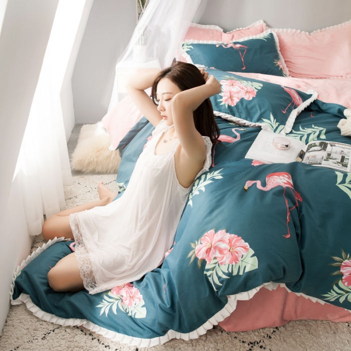 91家纺网 家纺一手货源 找家纺 涵宸家纺 新款绒-A针织磨毛B绒四件套 花鸟