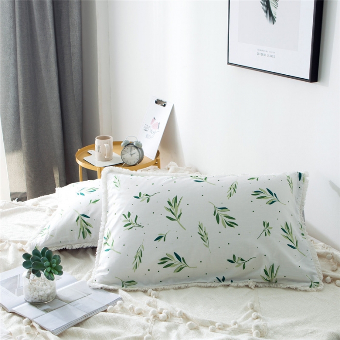 91家纺网 家纺一手货源 找家纺 涵宸家纺 新款13372流苏款全棉单品枕套一对 抹绿