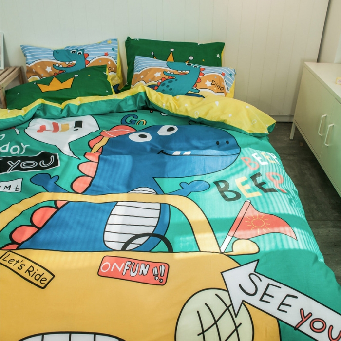 91家纺网 家纺一手货源 找家纺 加厚全棉刺绣四件套卡通四件套大版四件套全棉三件套儿童 恐龙假日