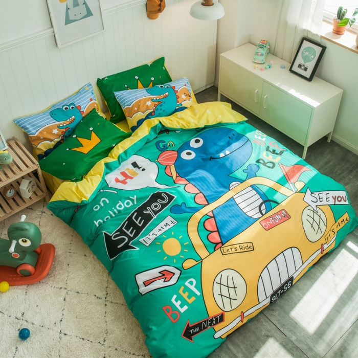 91家纺网 家纺一手货源 找家纺 加厚全棉刺绣四件套卡通四件套大版四件套全棉三件套儿童 恐龙假日