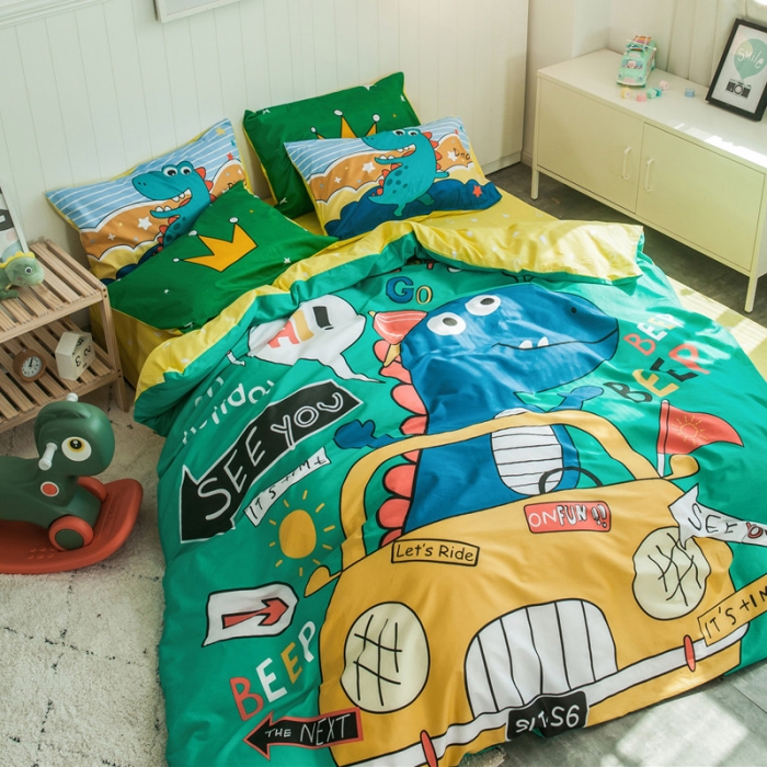 91家纺网 家纺一手货源 找家纺 加厚全棉刺绣四件套卡通四件套大版四件套全棉三件套儿童 恐龙假日