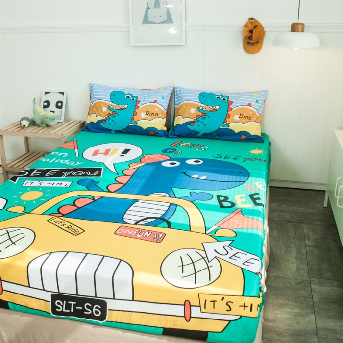 91家纺网 家纺一手货源 找家纺 涵宸全棉大版床笠纯棉床笠卡通儿童学生单床笠单品床笠恐龙假日
