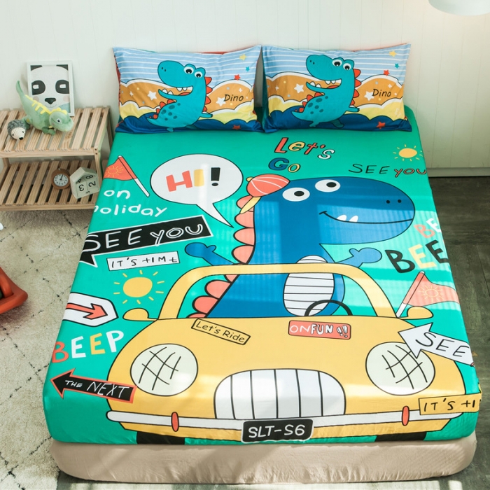 91家纺网 家纺一手货源 找家纺 涵宸全棉大版床笠纯棉床笠卡通儿童学生单床笠单品床笠恐龙假日