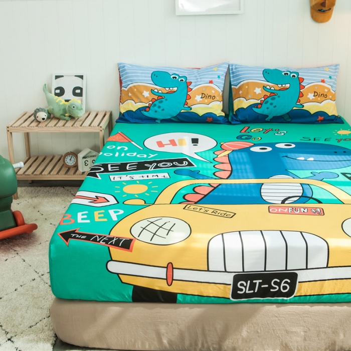 91家纺网 家纺一手货源 找家纺 涵宸全棉大版床笠纯棉床笠卡通儿童学生单床笠单品床笠恐龙假日