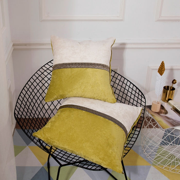 91家纺网 家纺一手货源 找家纺 希诺家居 中式简约雪尼尔拼接撞色沙发抱枕靠垫 绛雪春-绿色