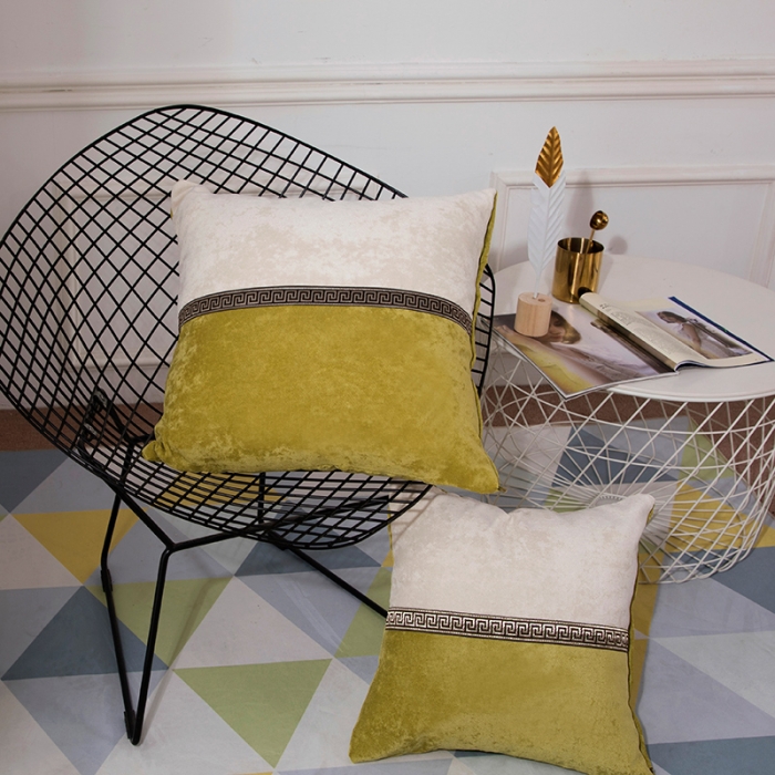 91家纺网 家纺一手货源 找家纺 希诺家居 中式简约雪尼尔拼接撞色沙发抱枕靠垫 绛雪春-绿色