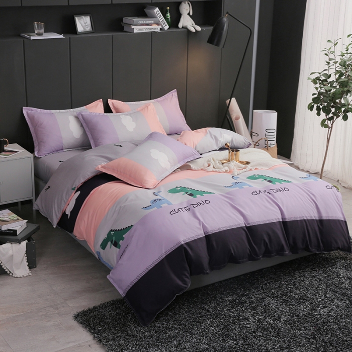 91家纺网 家纺一手货源 找家纺 米粒家纺 2018新品芦荟棉四件套 恐龙乐园