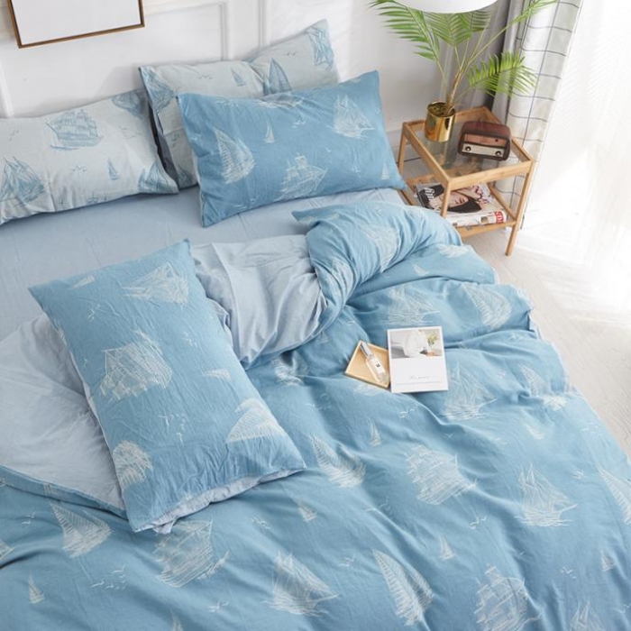 91家纺网 家纺一手货源 找家纺 久典家纺 2018新款60S色织水洗大提花四件套 远航-蓝色