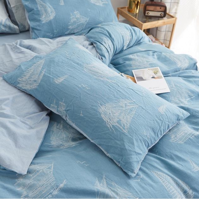 91家纺网 家纺一手货源 找家纺 久典家纺 2018新款60S色织水洗大提花四件套 远航-蓝色