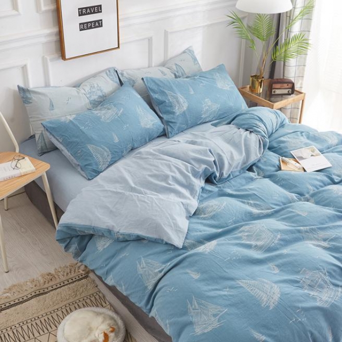 91家纺网 家纺一手货源 找家纺 久典家纺 2018新款60S色织水洗大提花四件套 远航-蓝色