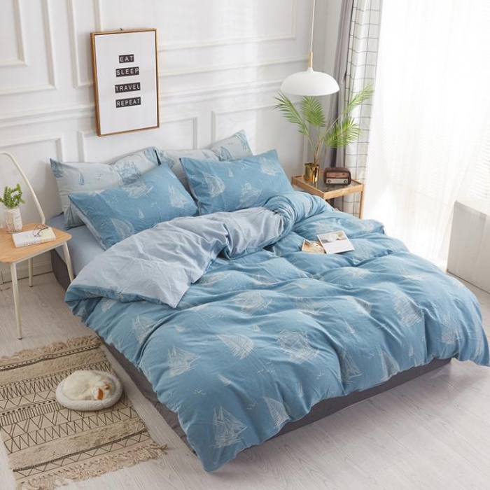 91家纺网 家纺一手货源 找家纺 久典家纺 2018新款60S色织水洗大提花四件套 远航-蓝色