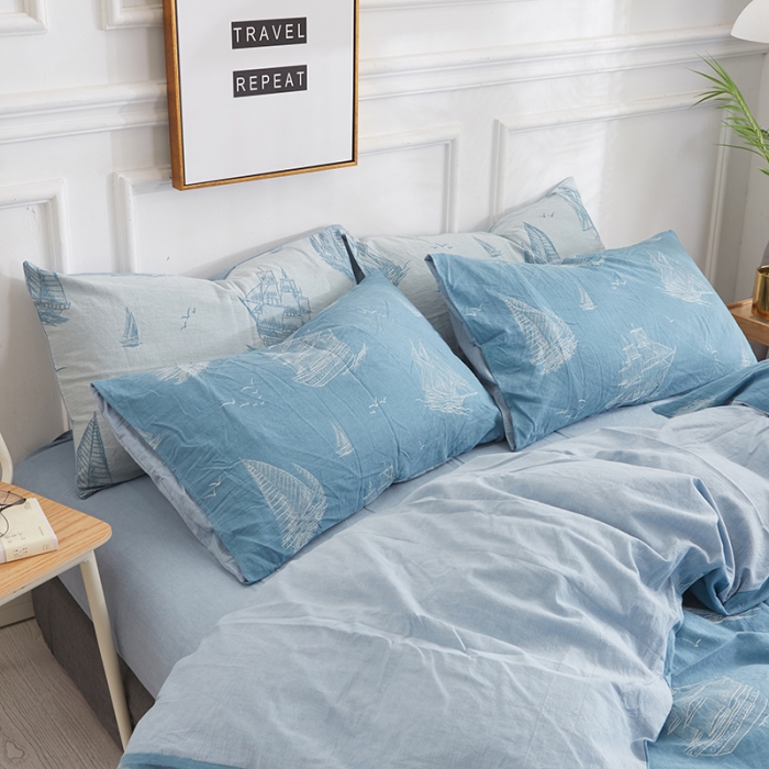 91家纺网 家纺一手货源 找家纺 久典家纺 2018新款60S色织水洗大提花四件套 远航-蓝色