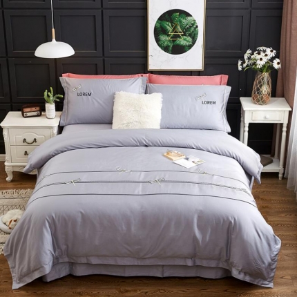 91家纺网 家纺一手货源 找家纺 久典家纺 2018新款60S长绒棉绣花四件套 蜻蜓绣-淡灰