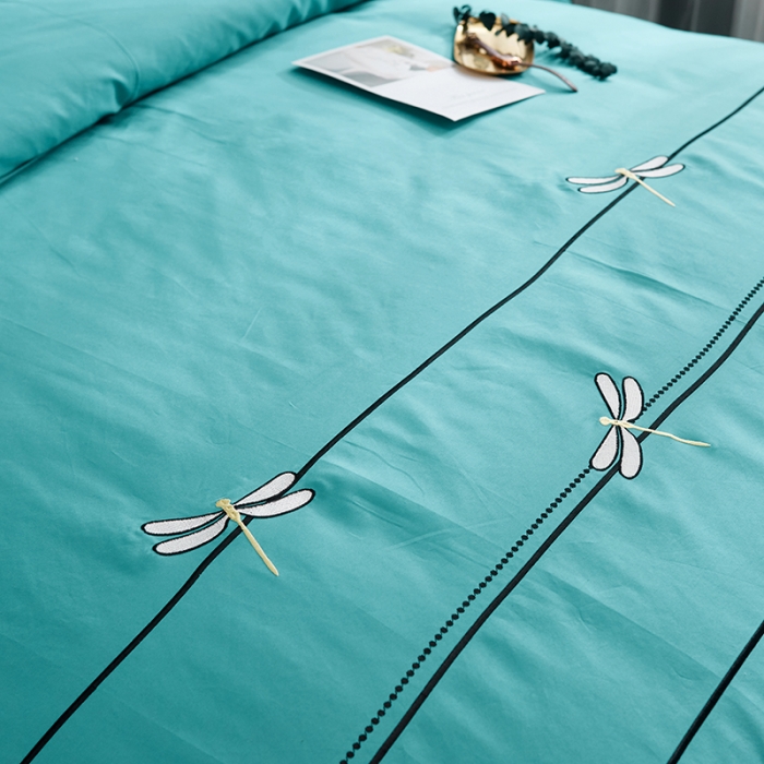 91家纺网 家纺一手货源 找家纺 久典家纺 2018新款60S长绒棉绣花四件套 蜻蜓绣-绿