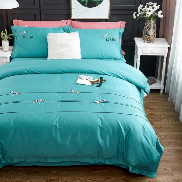 91家纺网 家纺一手货源 找家纺 久典家纺 2018新款60S长绒棉绣花四件套 蜻蜓绣-绿