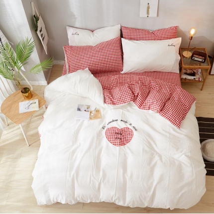 久典家纺 2018新色织水洗棉绣花四件套潘多拉系列 粉格