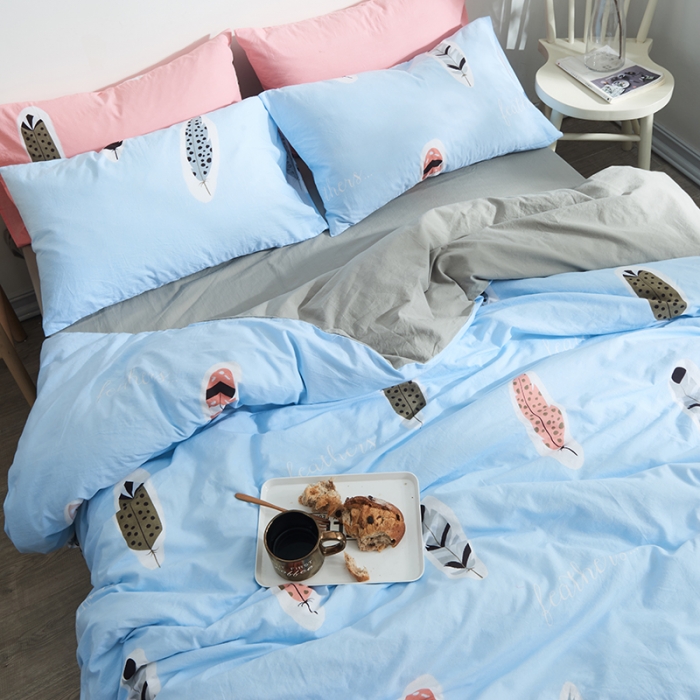 91家纺网 家纺一手货源 找家纺 久典家纺 2018新款全棉水洗棉印花四件套 羽毛-兰