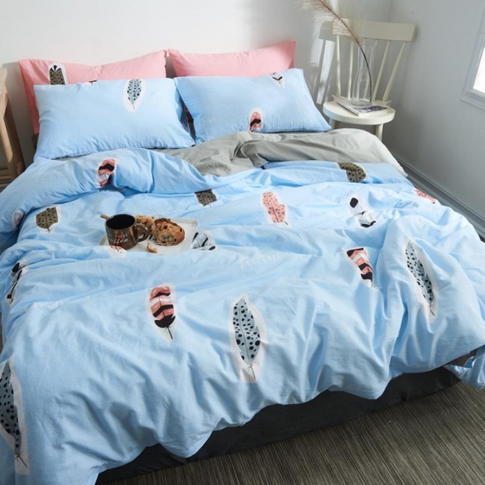 91家纺网 家纺一手货源 找家纺 久典家纺 2018新款全棉水洗棉印花四件套 羽毛-兰