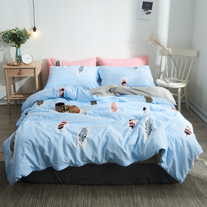 91家纺网 家纺一手货源 找家纺 久典家纺 2018新款全棉水洗棉印花四件套 羽毛-兰