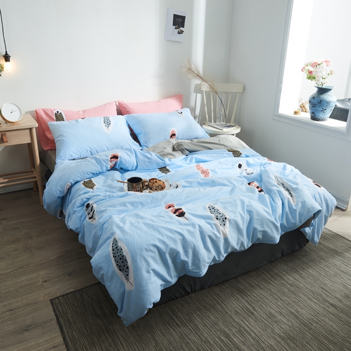 91家纺网 家纺一手货源 找家纺 久典家纺 2018新款全棉水洗棉印花四件套 羽毛-兰