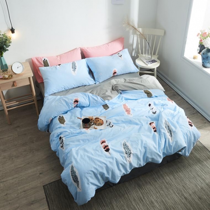 91家纺网 家纺一手货源 找家纺 久典家纺 2018新款全棉水洗棉印花四件套 羽毛-兰