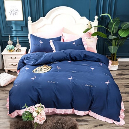 （总）久典家居 新品60S贡缎长绒棉火烈鸟绣花款四件套