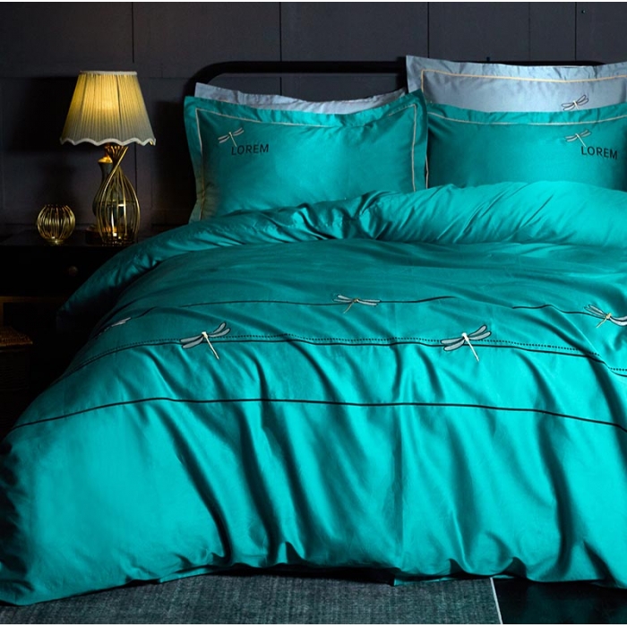 91家纺网 家纺一手货源 找家纺 久典家纺 2019年60S长绒棉蜻蜓绣四件套 绿色