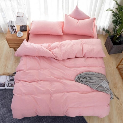 91家纺网 家纺一手货源 找家纺 久典家纺 色织水洗棉基础款纯色系列四件套床单款 初恋粉