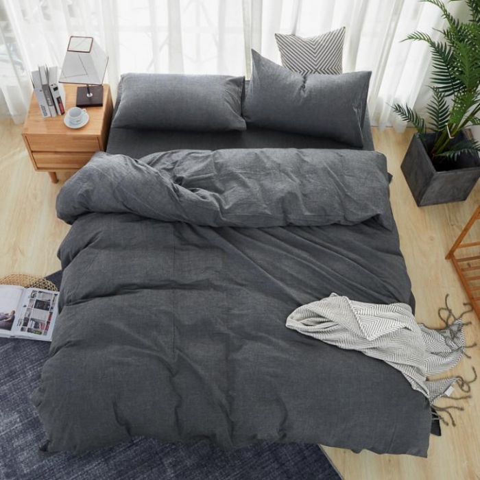 91家纺网 家纺一手货源 找家纺 久典家纺 色织水洗棉基础款纯色系列四件套床单款 黑灰色