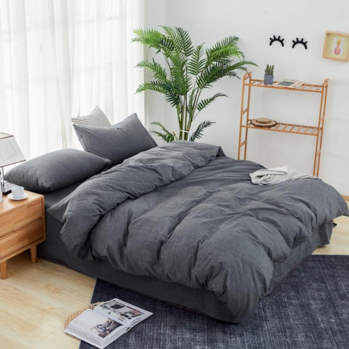91家纺网 家纺一手货源 找家纺 久典家纺 色织水洗棉基础款纯色系列四件套床单款 黑灰色