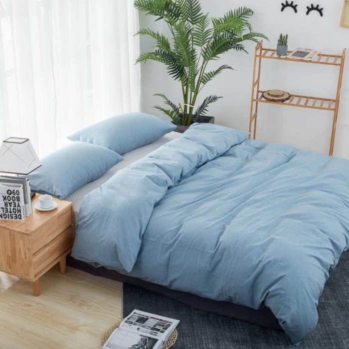 91家纺网 家纺一手货源 找家纺 久典家纺 色织水洗棉基础款纯色系列四件套床单款 浅水蓝