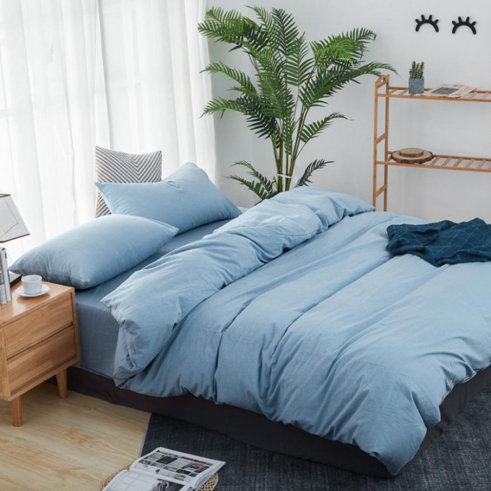 91家纺网 家纺一手货源 找家纺 久典家纺 色织水洗棉基础款纯色系列四件套床单款 浅水蓝