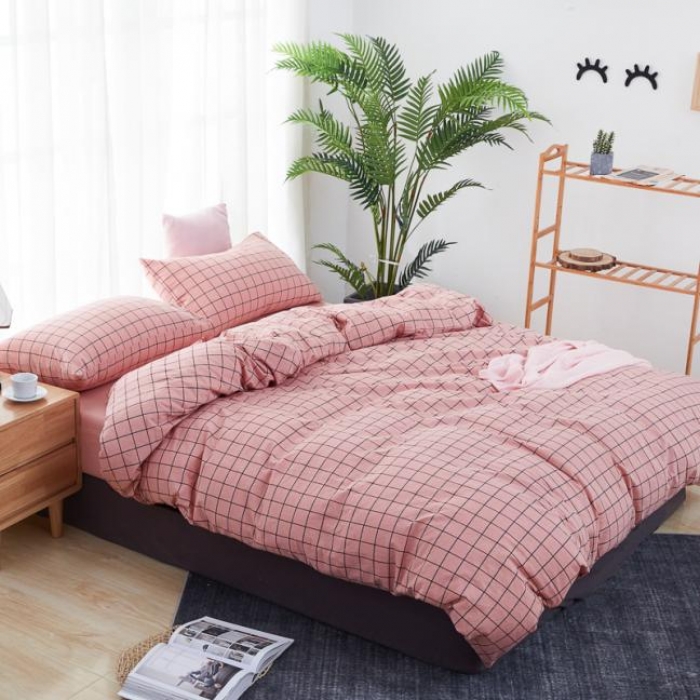 91家纺网 家纺一手货源 找家纺 久典家纺 色织水洗棉基础款中格系列四件套床单款 中粉格