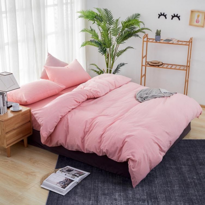 91家纺网 家纺一手货源 找家纺 久典家纺 色织水洗棉基础款纯色系列四件套床单款 初恋粉