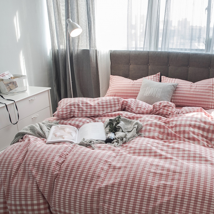 91家纺网 家纺一手货源 找家纺 久典家纺2019色织水洗棉基础款系列汇总四件套床单款粉渐变格