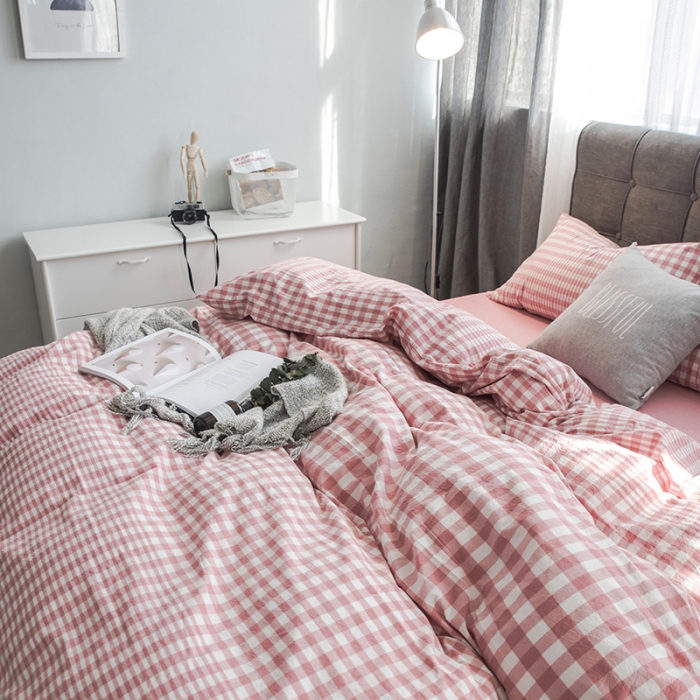 91家纺网 家纺一手货源 找家纺 久典家纺2019色织水洗棉基础款系列汇总四件套床单款粉渐变格