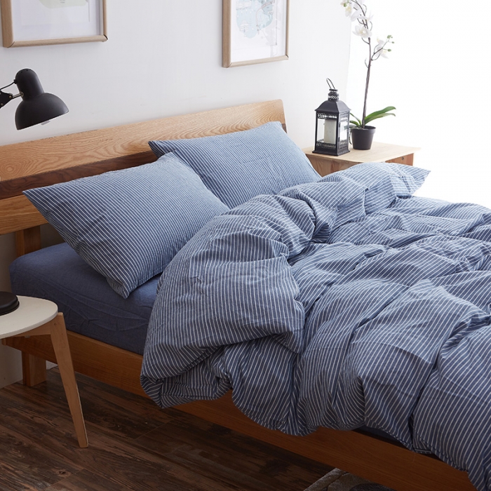 91家纺网 家纺一手货源 找家纺 久典家纺2019色织水洗棉基础款系列汇总四件套床单款 蓝细条