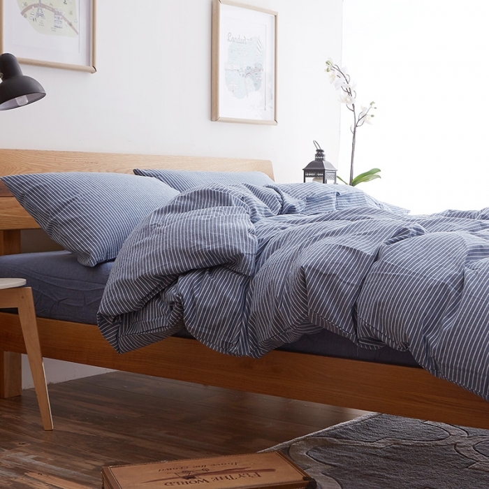 91家纺网 家纺一手货源 找家纺 久典家纺2019色织水洗棉基础款系列汇总四件套床单款 蓝细条