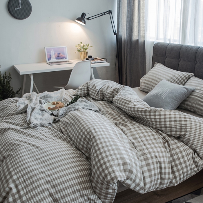 91家纺网 家纺一手货源 找家纺 久典家纺2019色织水洗棉基础款系列汇总四件套床单款米渐变格