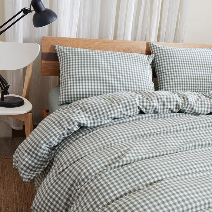 91家纺网 家纺一手货源 找家纺 久典家纺2019色织水洗棉基础款系列汇总四件套床单款浅绿小格