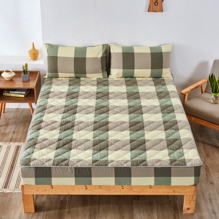 久典家居 2019新款色织全棉水洗棉夹棉床笠 绿大格