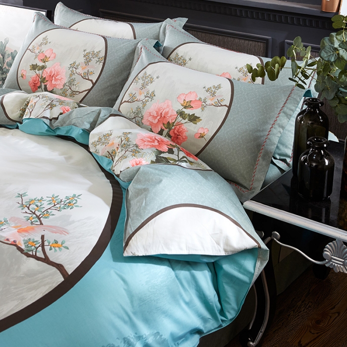 91家纺网 家纺一手货源 找家纺  雲归梦活性大版匹马棉-中国风花型镜里观花（兰）