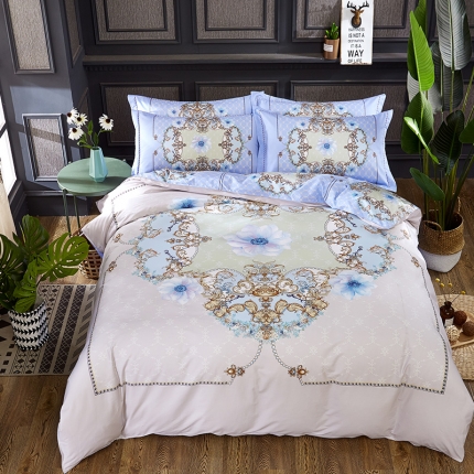 （总）雲归梦 活性大版匹马棉四件套-北欧风花型床笠款