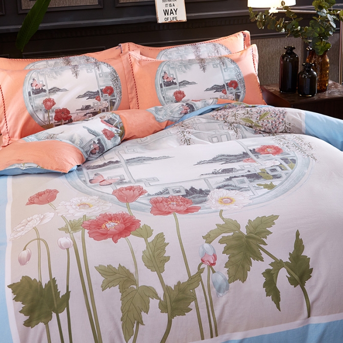 91家纺网 家纺一手货源 找家纺  雲归梦活性大版匹马棉-中国风花型采莲聆