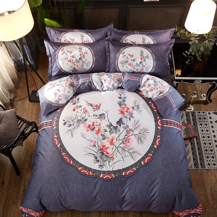 91家纺网 家纺一手货源 找家纺 雲归梦活性大版匹马棉-中国风花型胭脂恋蓝