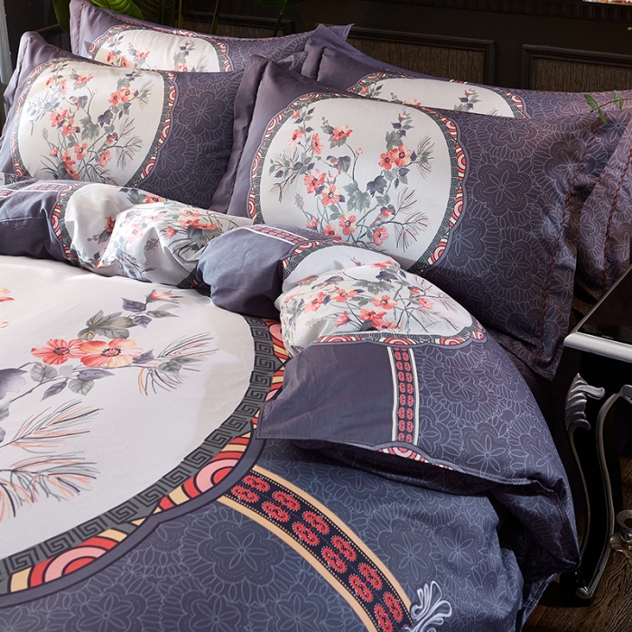 91家纺网 家纺一手货源 找家纺 雲归梦活性大版匹马棉-中国风花型胭脂恋蓝