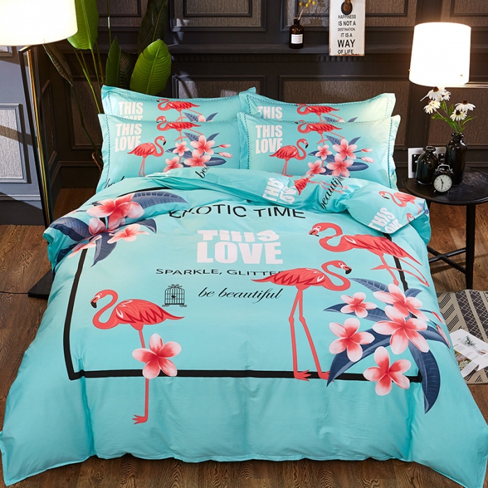 91家纺网 家纺一手货源 找家纺 雲归梦 活性大版全棉四件套床单款火鸟绿